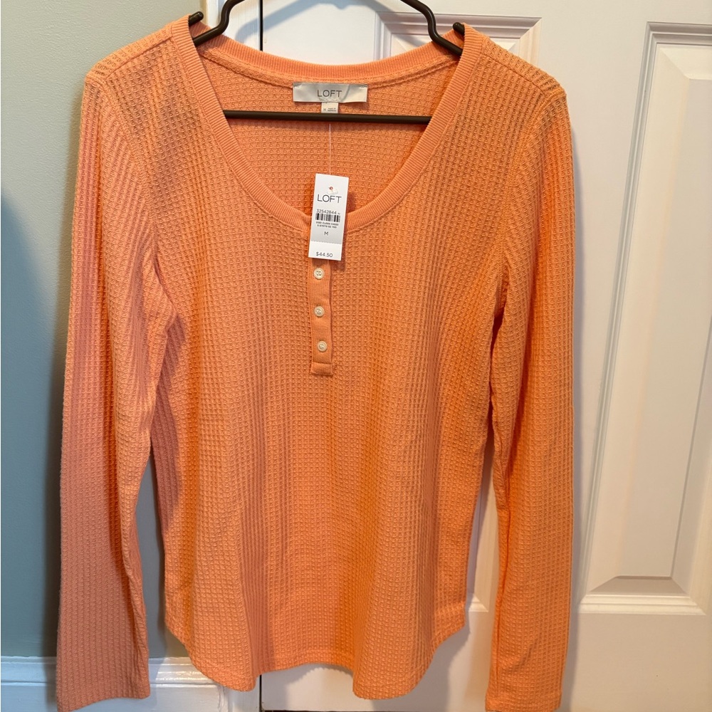 LOFT Peach/Coral Waffle Henley Long-Sleeve Top